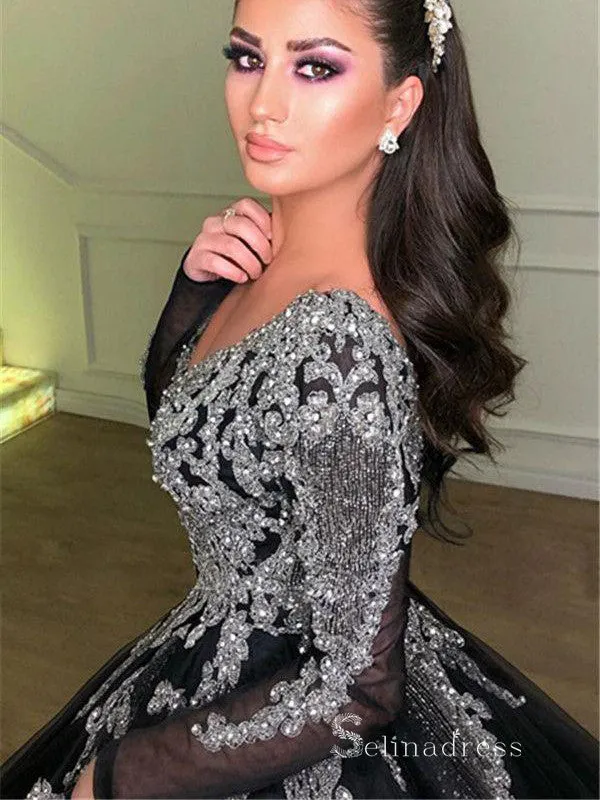 Chic A-line V neck Long Sleeve Prom Dresses Elegant Black Evening Gowns MHL155