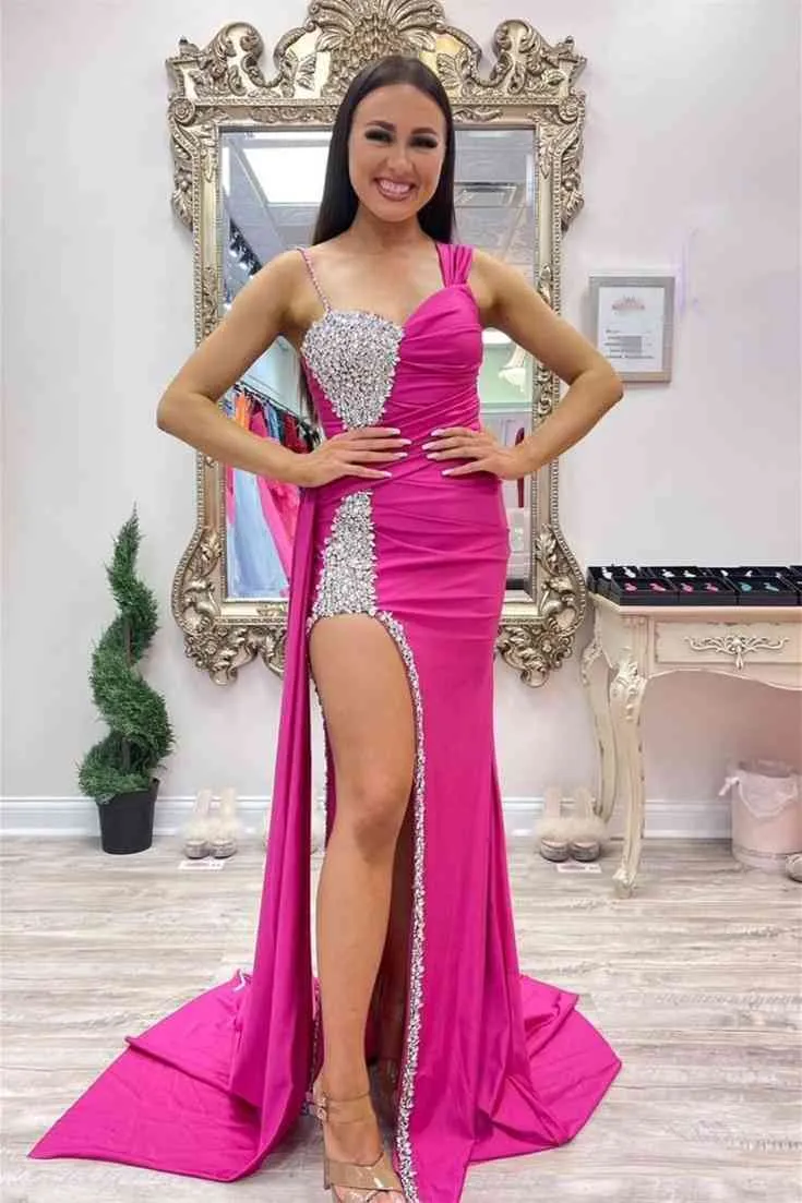 Chic Asymmetrical Fuchsia Beaded Long Prom Dress,Green Dinner Dresses