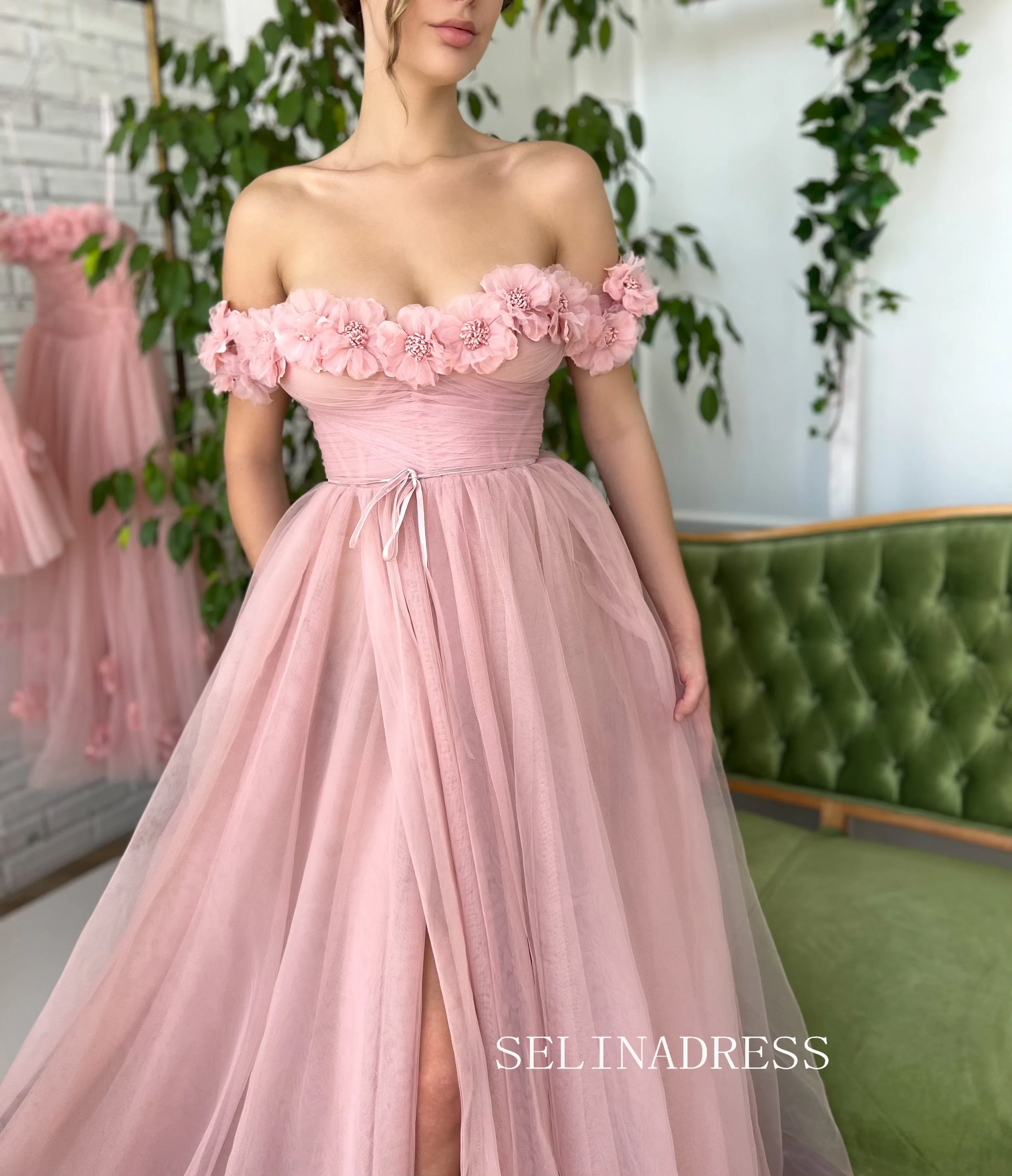 Chic Beautiful Long Prom Dress With Flower Off-the-shoulder Pink Princess Formal Dress Evening Dress JKSS43