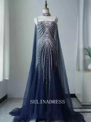 Chic Dark Navy Mermaid Straps Long Prom Dresses Elegant Beaded Evening Dress TKL3087