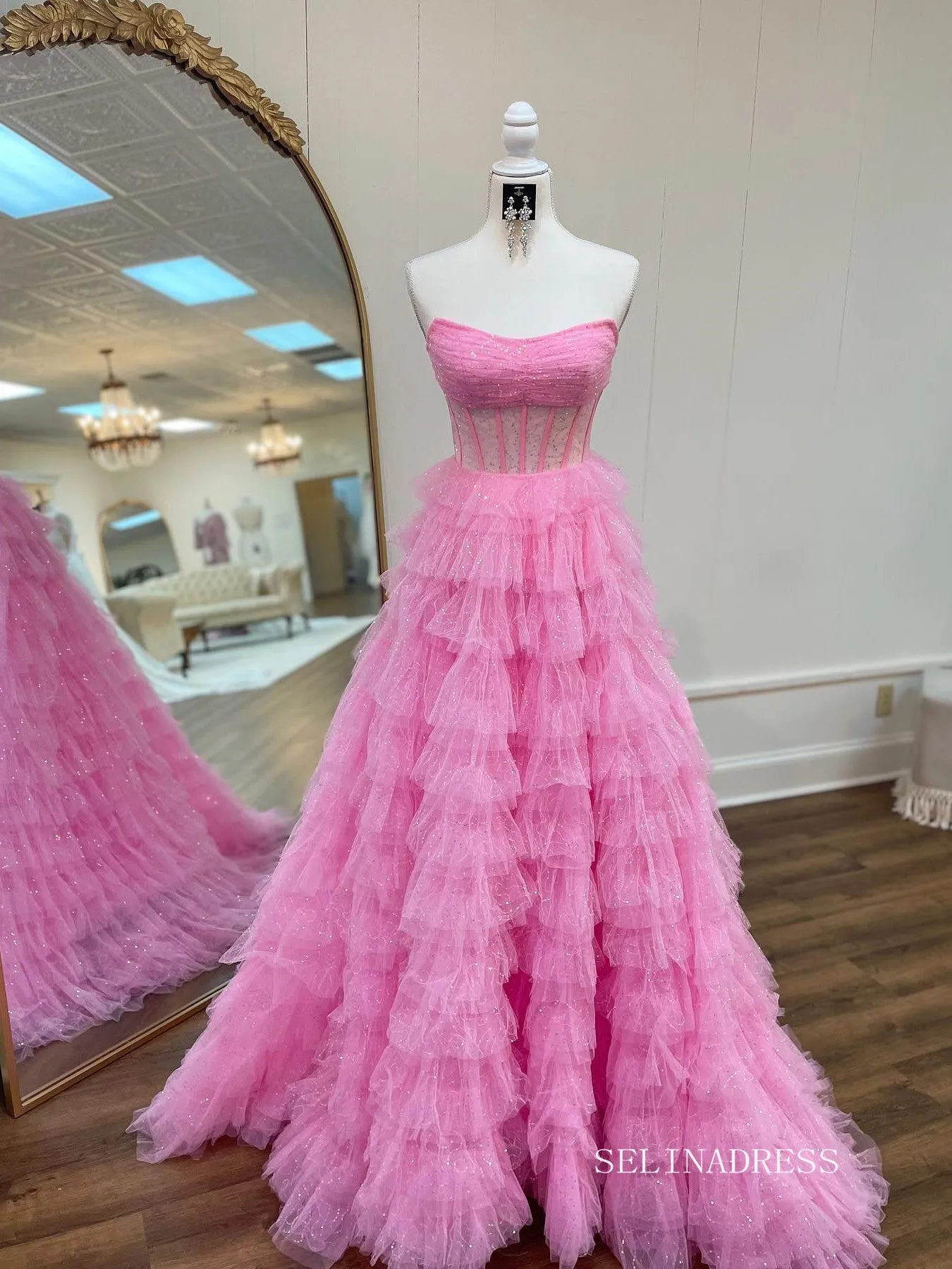 Chic Gorgeous Strapless Glitter Long Prom Dresses Pink Ball Gown Evening Dresses sew0320