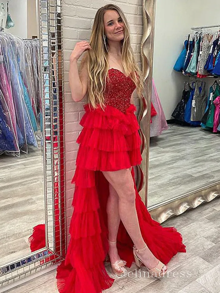 Chic High Low Sweetheart Red Gorgeous Long Prom Dresses Evening Dresses MLH1231