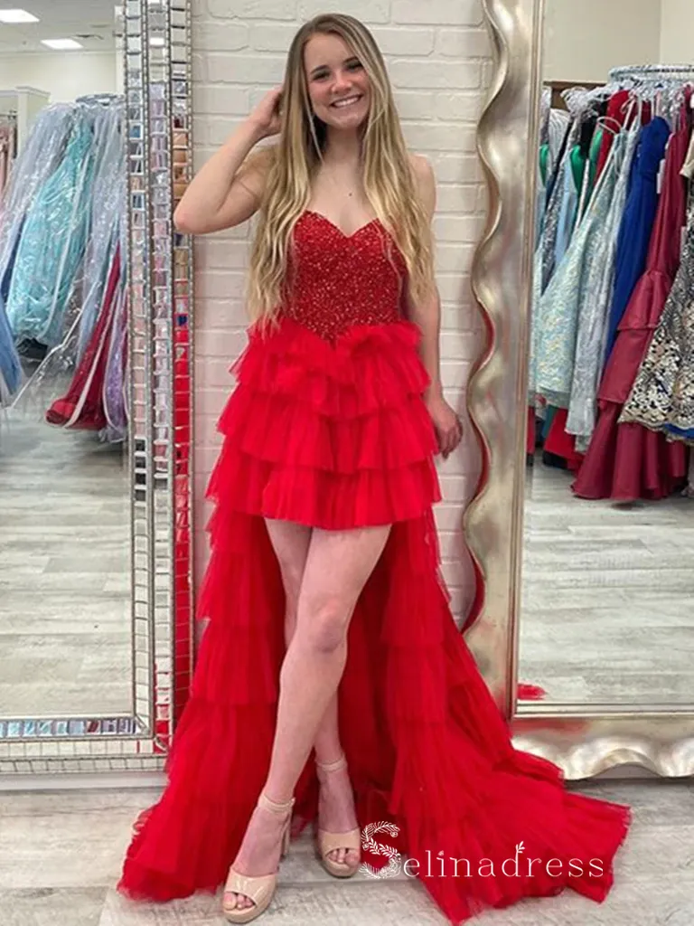 Chic High Low Sweetheart Red Gorgeous Long Prom Dresses Evening Dresses MLH1231