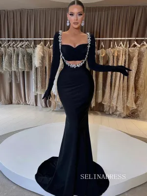 Chic Mermaid Black Long Prom Dresses Elegantt Long Sleeve Evening Dress sew0216