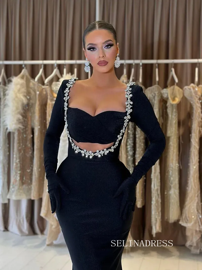 Chic Mermaid Black Long Prom Dresses Elegantt Long Sleeve Evening Dress sew0216