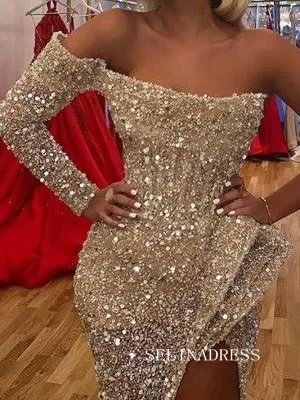 Chic Mermaid Long Sleeve Evening Prom Gowns Glitter Long Split Elegant Evening Dress SEW0163