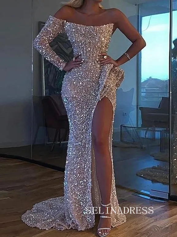 Chic Mermaid Long Sleeve Evening Prom Gowns Glitter Long Split Elegant Evening Dress SEW0163