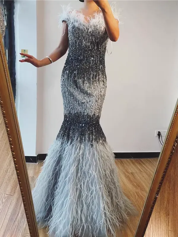 Chic Mermaid Off-the-shoulder Silver Beaded Long Prom Dresses Elegant Evening Dress sew03373