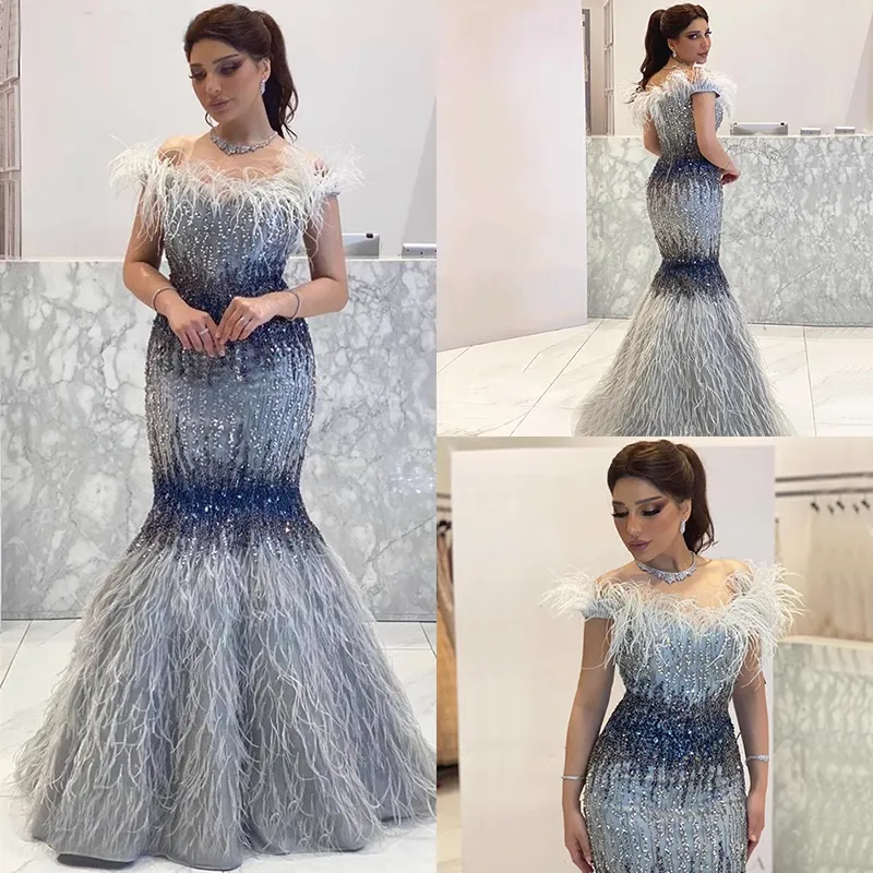 Chic Mermaid Off-the-shoulder Silver Beaded Long Prom Dresses Elegant Evening Dress sew03373