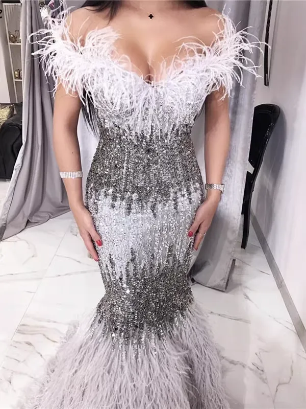 Chic Mermaid Off-the-shoulder Silver Beaded Long Prom Dresses Elegant Evening Dress sew03373