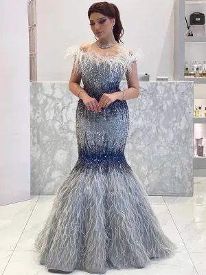 Chic Mermaid Off-the-shoulder Silver Beaded Long Prom Dresses Elegant Evening Dress sew03373