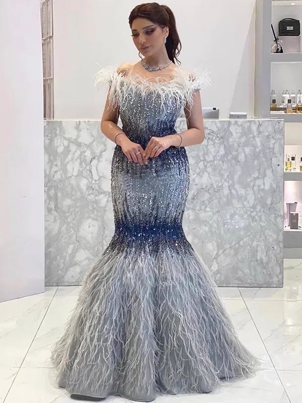 Chic Mermaid Off-the-shoulder Silver Beaded Long Prom Dresses Elegant Evening Dress sew03373