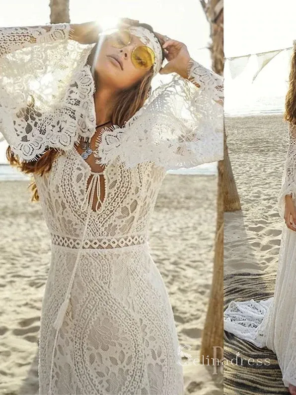 Chic Mermaid V neck Long Sleeve Boho Wedding Dress Bohemian Bridal Gowns MLH0483