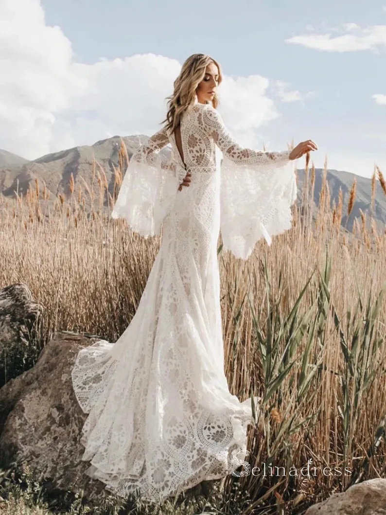 Chic Mermaid V neck Long Sleeve Boho Wedding Dress Bohemian Bridal Gowns MLH0483