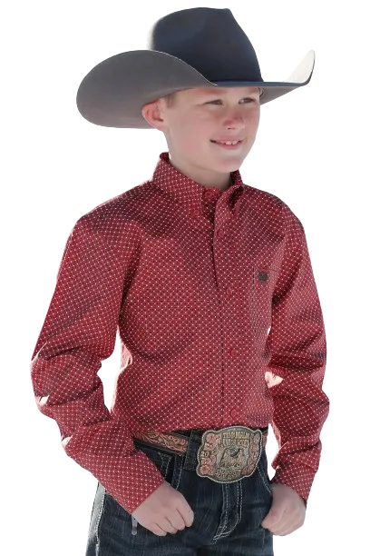 Cinch Kid's Match Dad Geometric Print Button Down Western Red Shirt