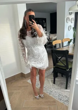 Clear-White Large-Sequin Feather Cuff Mini-Dress