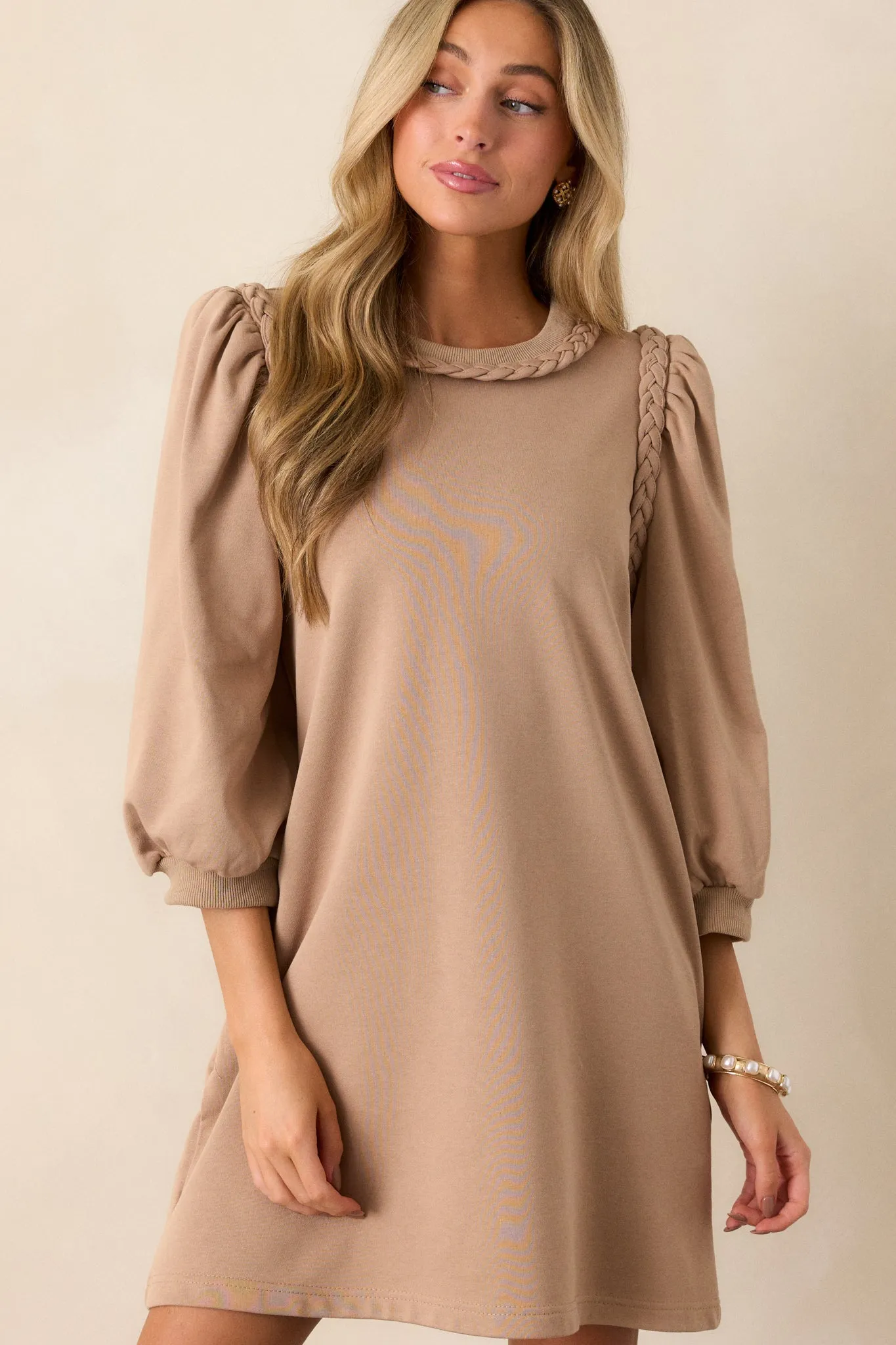 Cocoa Haze 100% Cotton Tan Long Sleeve Mini Dress