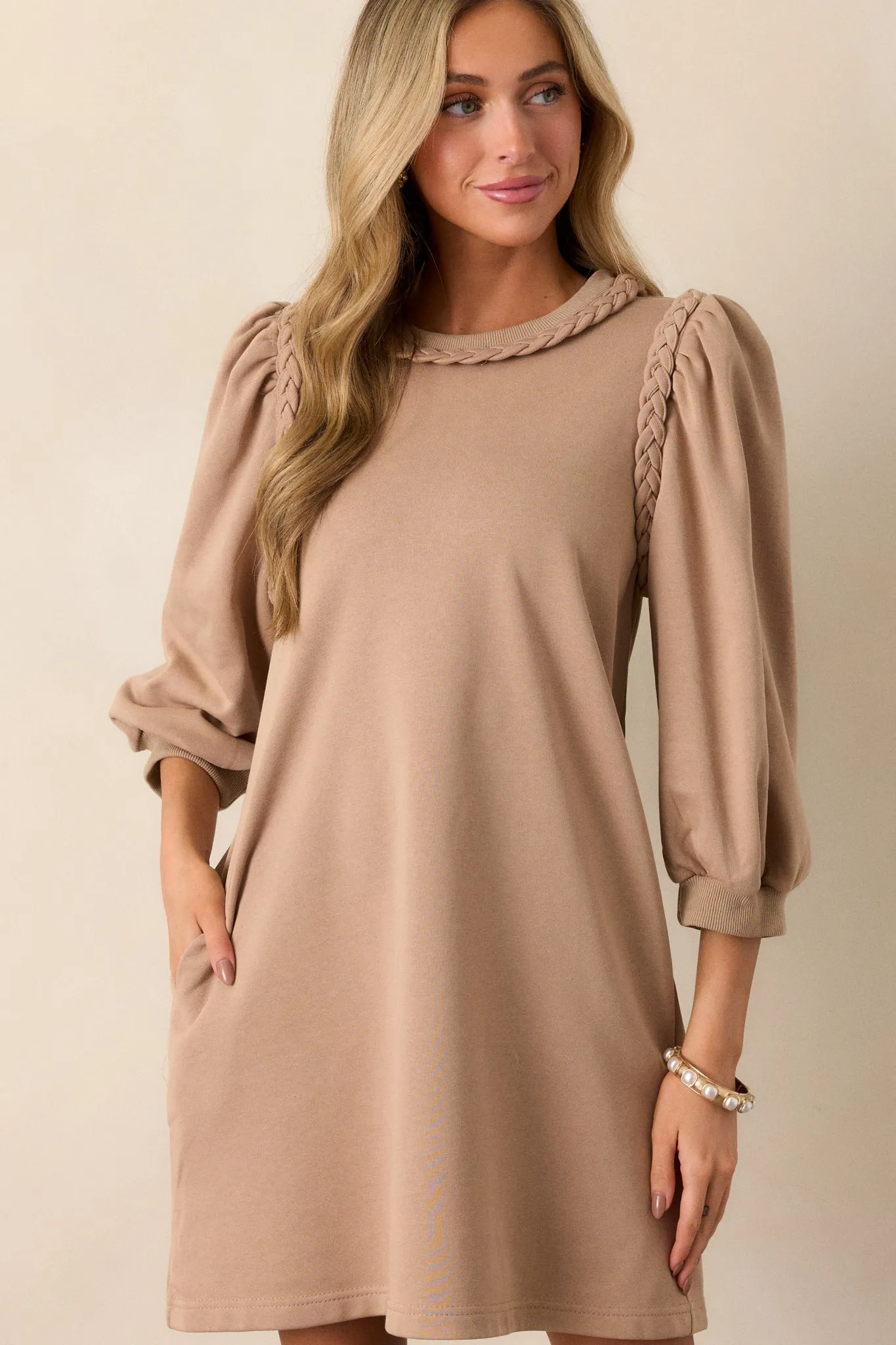 Cocoa Haze 100% Cotton Tan Long Sleeve Mini Dress