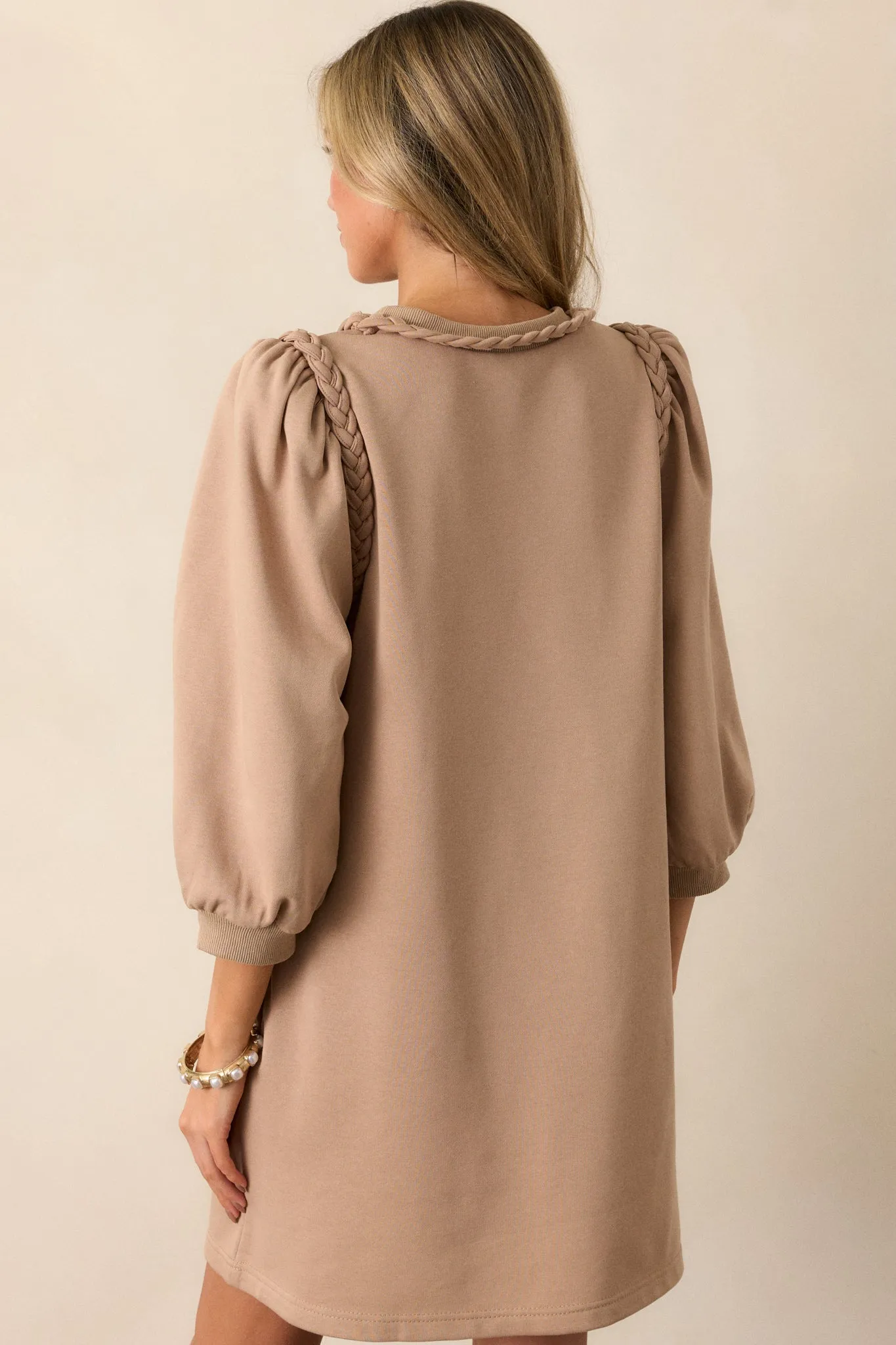 Cocoa Haze 100% Cotton Tan Long Sleeve Mini Dress