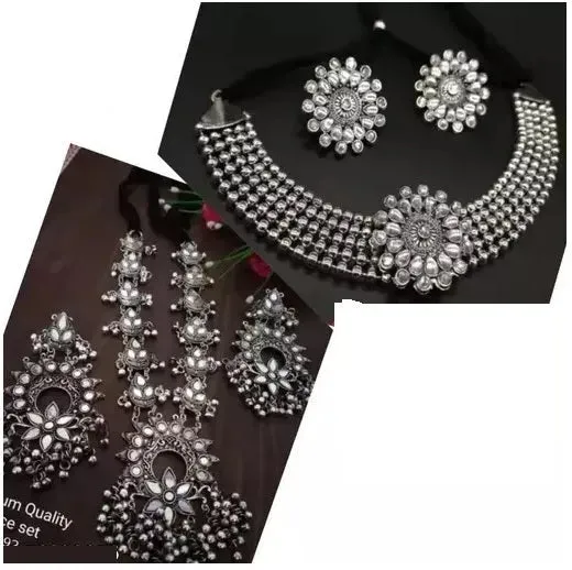 Combo Of 2 Silver-Plated Stone Studded & Beaded Jewellery Set