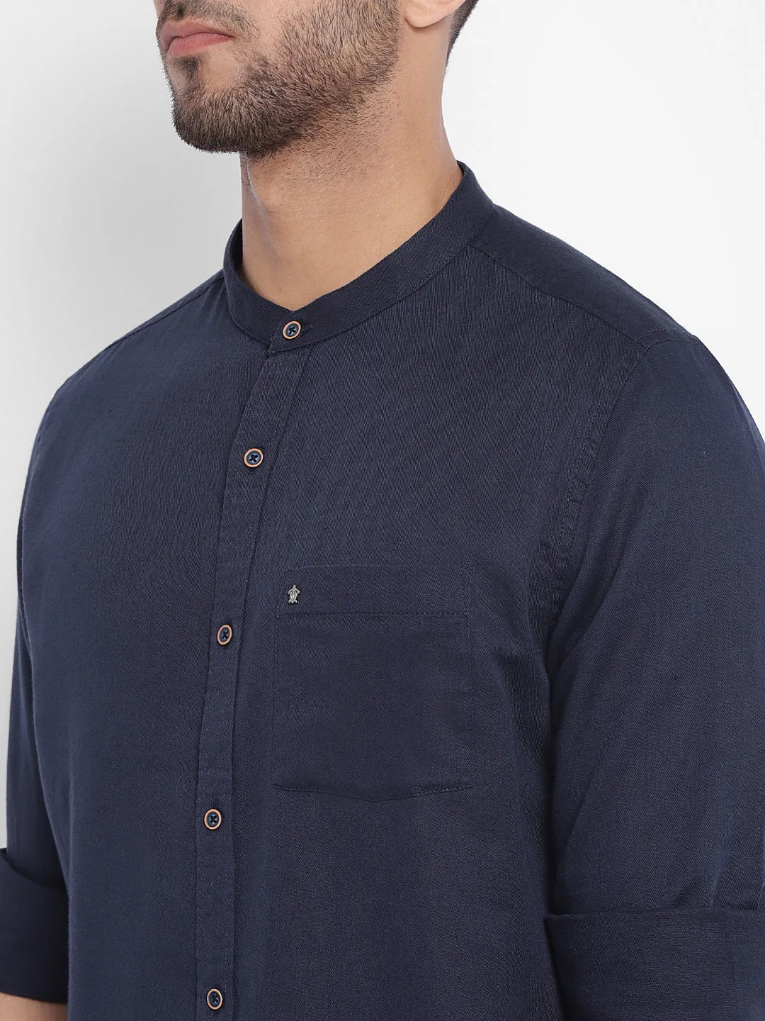 Cotton Linen Navy Blue Solid Slim Fit Casual Shirt