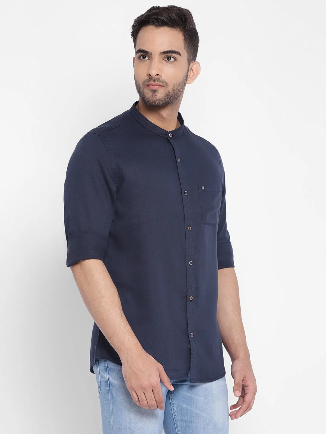 Cotton Linen Navy Blue Solid Slim Fit Casual Shirt