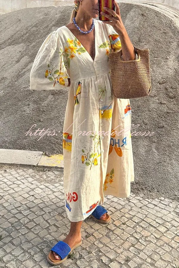 Cozy Summer Linen Blend Unique Print Button Puff Sleeve Loose Midi Dress