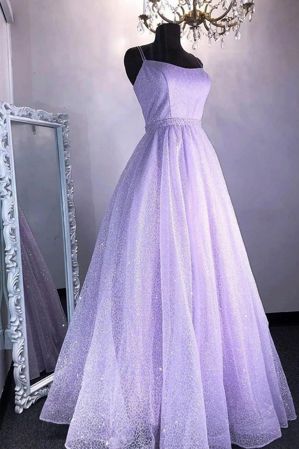 Cute Tulle Sequins Long Prom Dresses A-Line Backless Evening Dresses