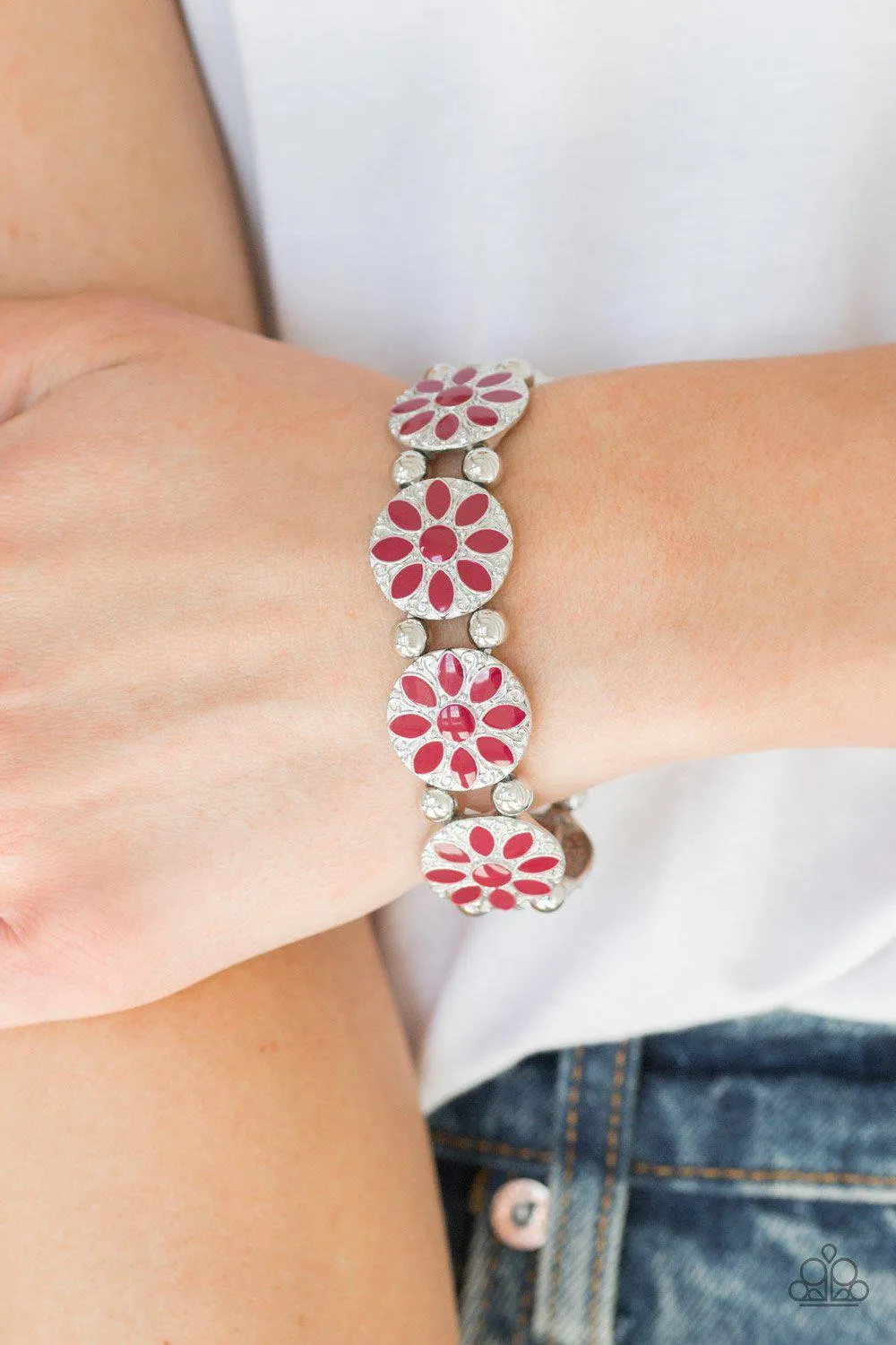 Dancing Dahlias Red Flower Bracelet - Paparazzi Accessories