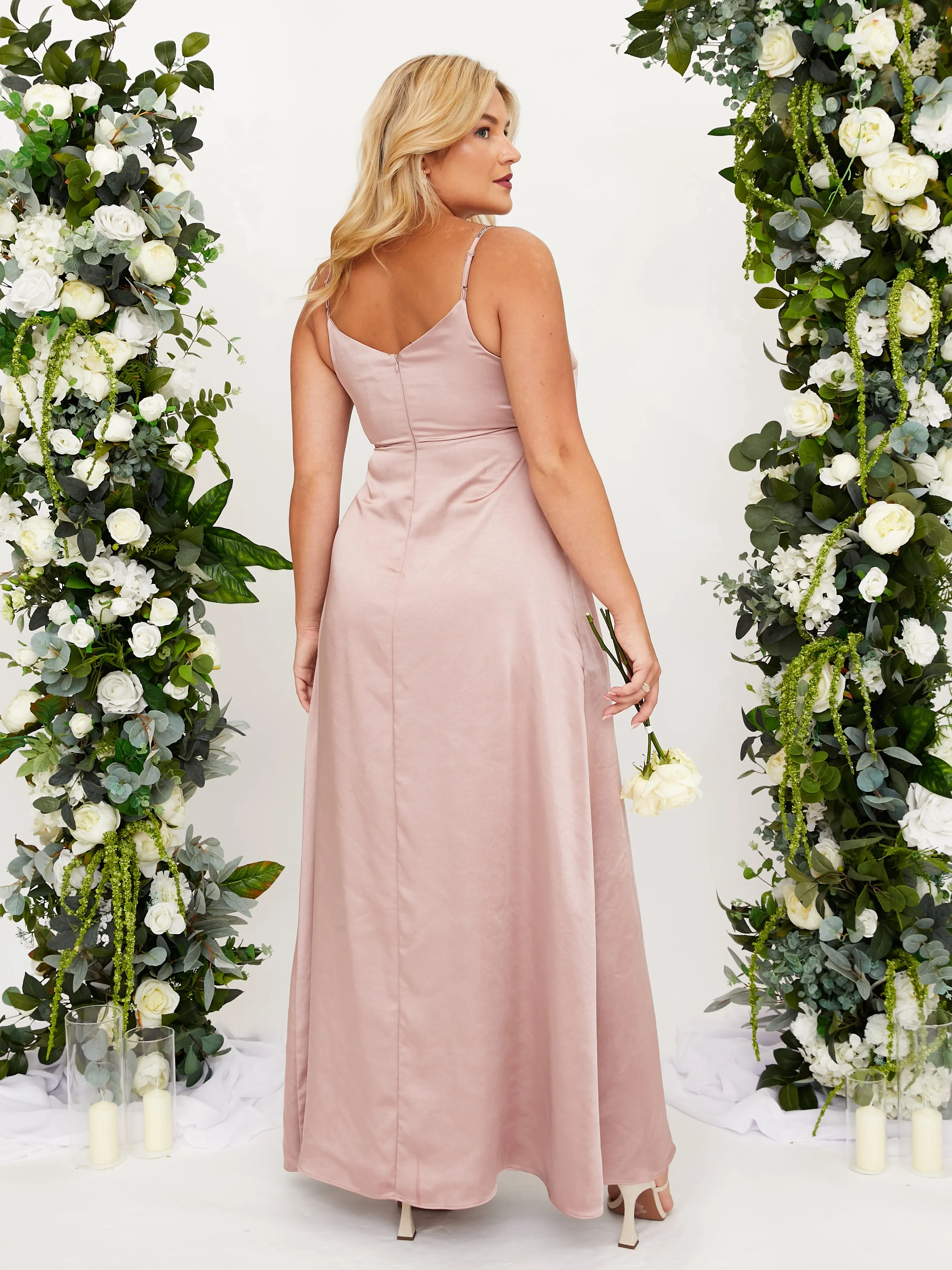 Diamante Strap Maxi Satin Dress / Blush