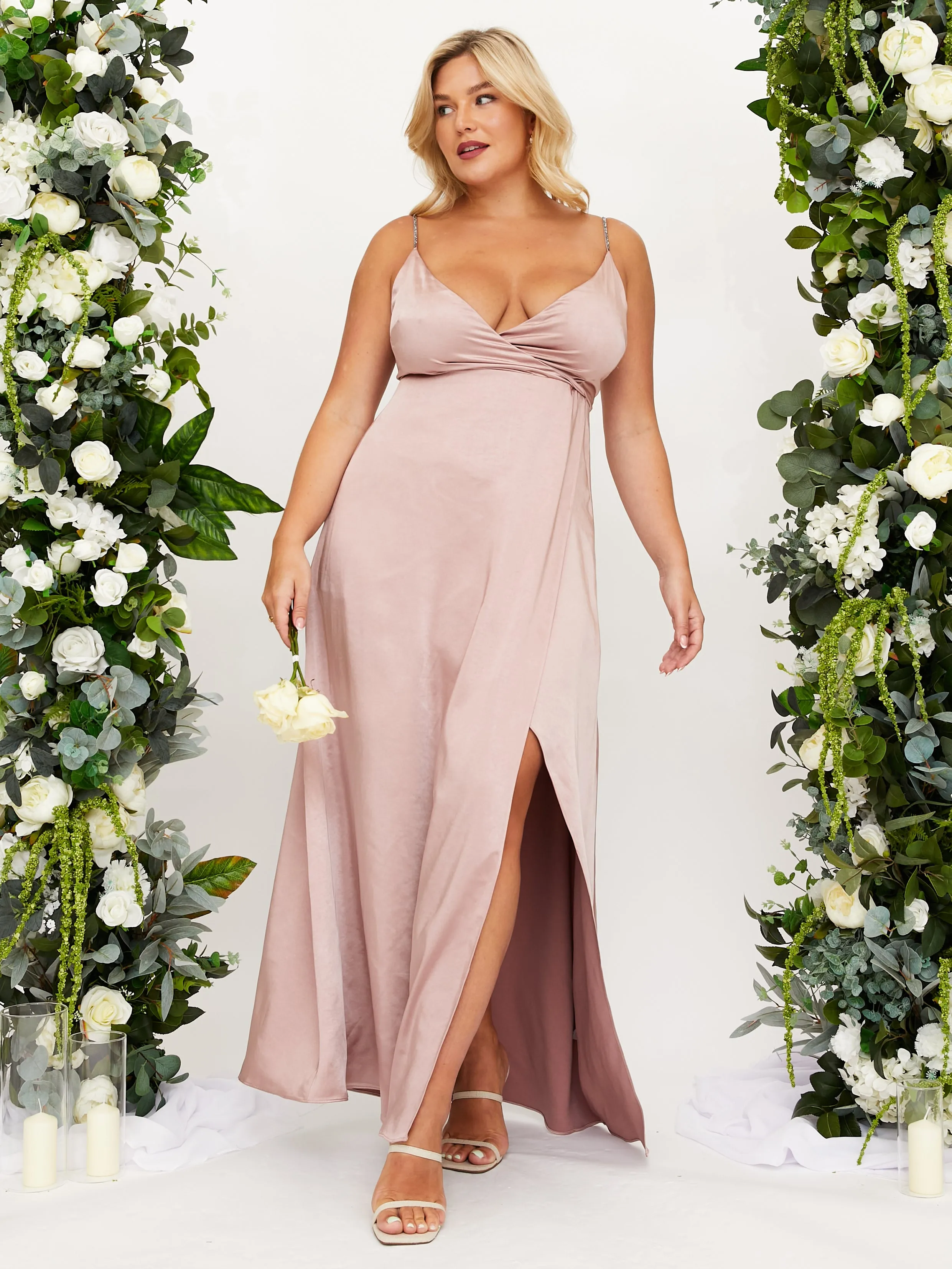 Diamante Strap Maxi Satin Dress / Blush