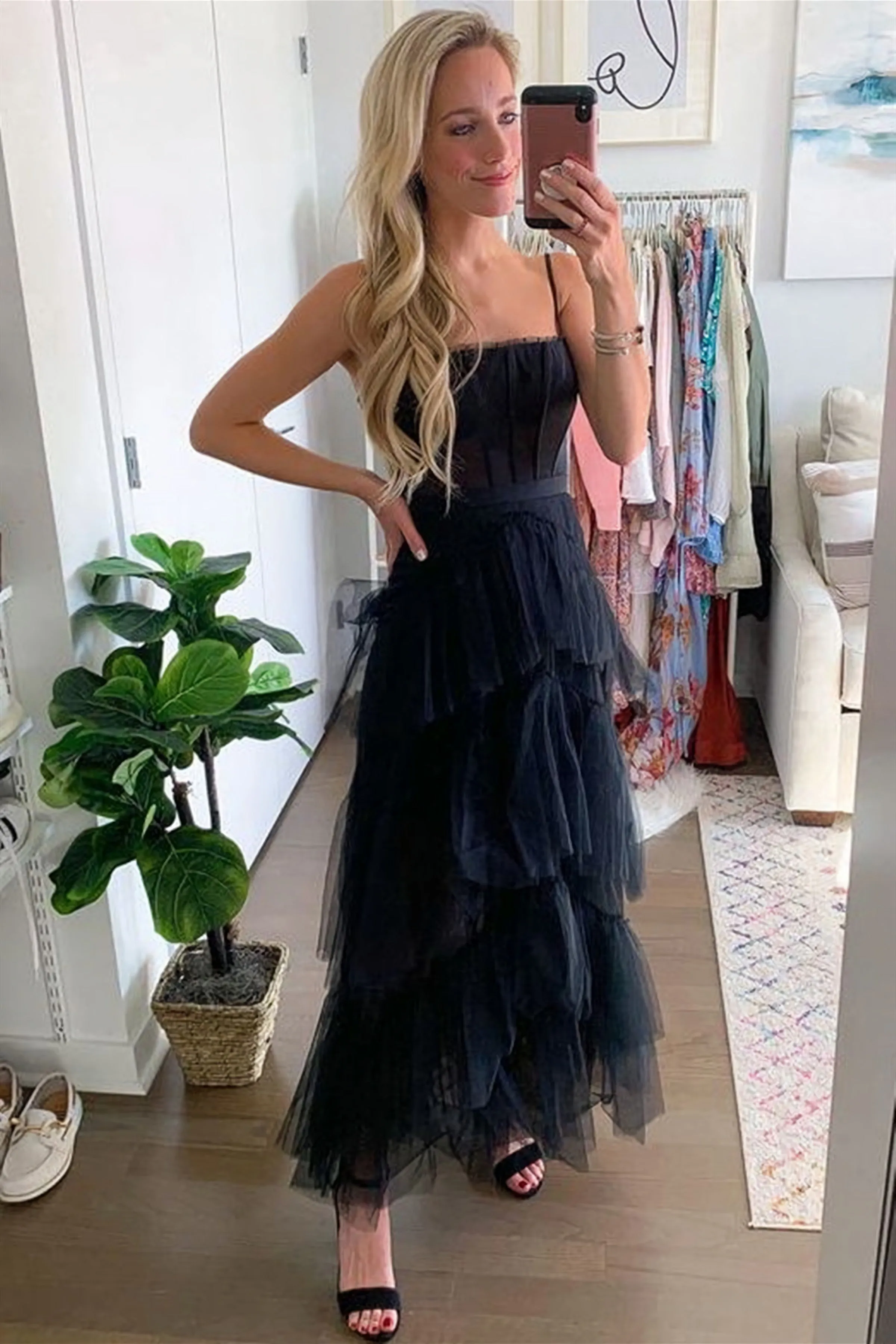 Elegant Open Back Layered Black Tulle Long Evening Dress, Black Tulle Formal Prom Dresses