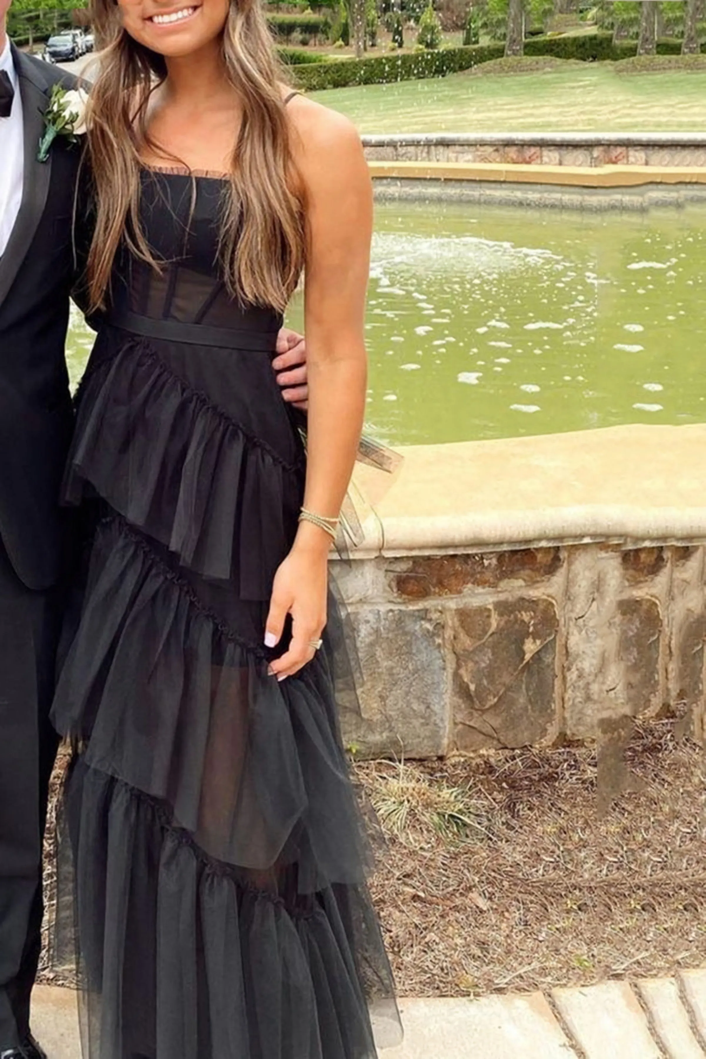 Elegant Open Back Layered Black Tulle Long Evening Dress, Black Tulle Formal Prom Dresses