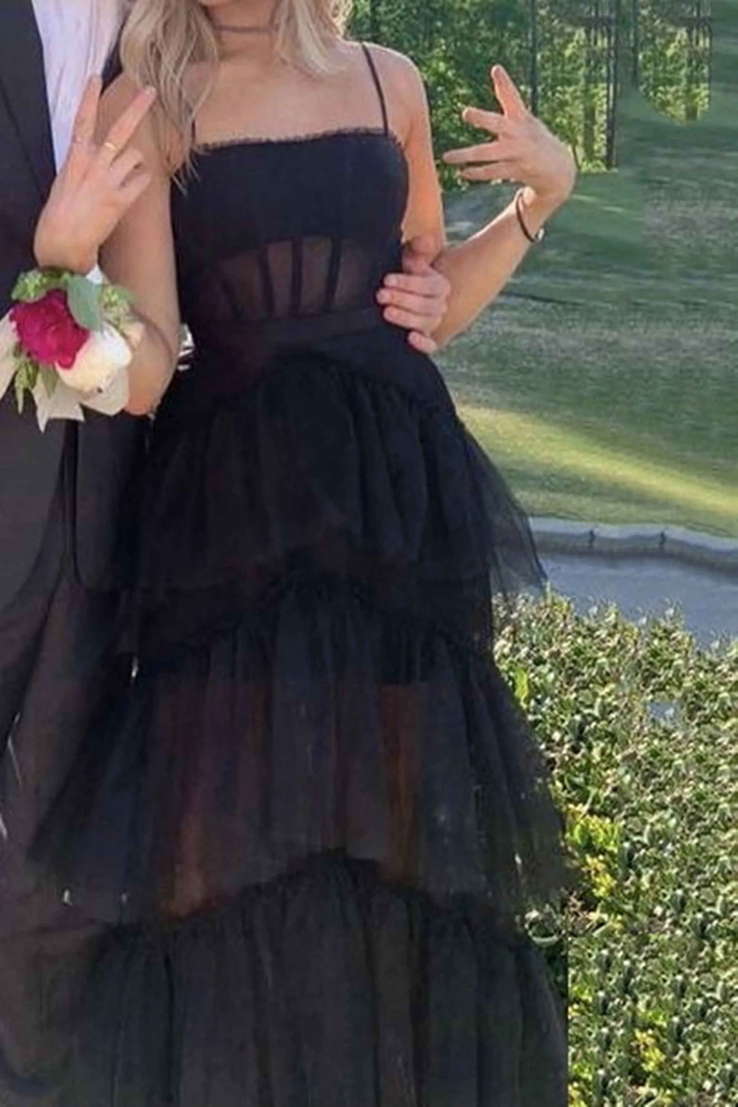 Elegant Open Back Layered Black Tulle Long Evening Dress, Black Tulle Formal Prom Dresses