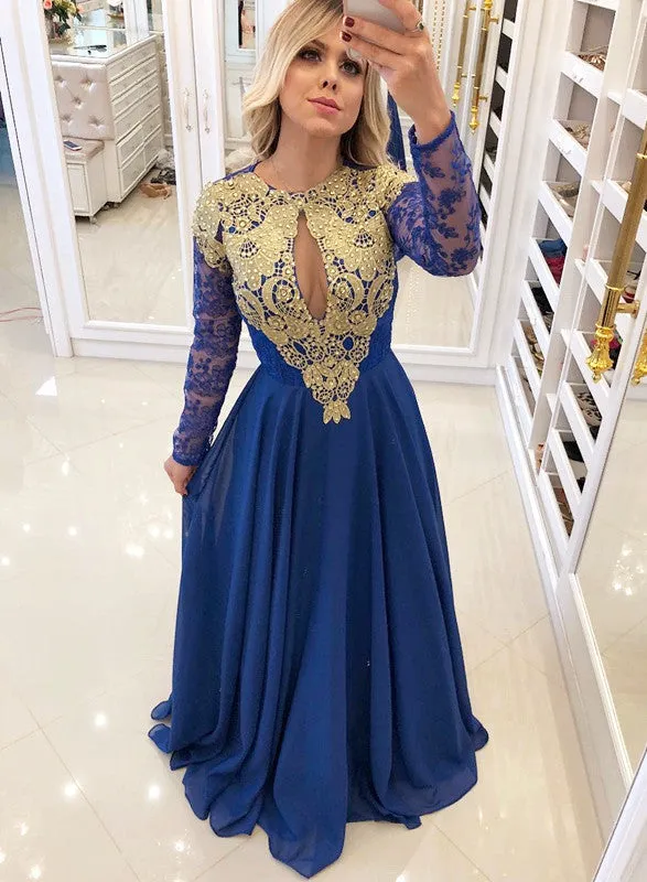 Elegant Royal Blue Evening Dress | Long Sleeve Lace Chiffon Prom Dress BC1624