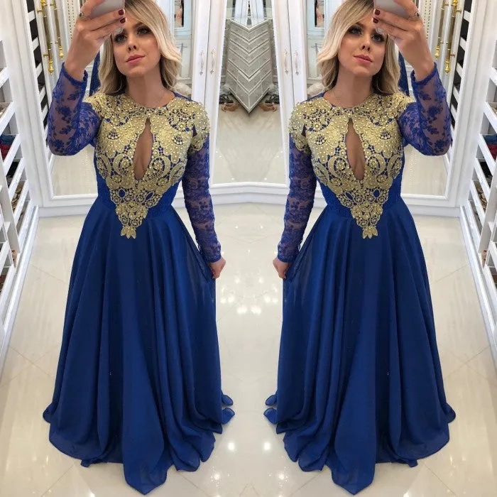 Elegant Royal Blue Evening Dress | Long Sleeve Lace Chiffon Prom Dress BC1624