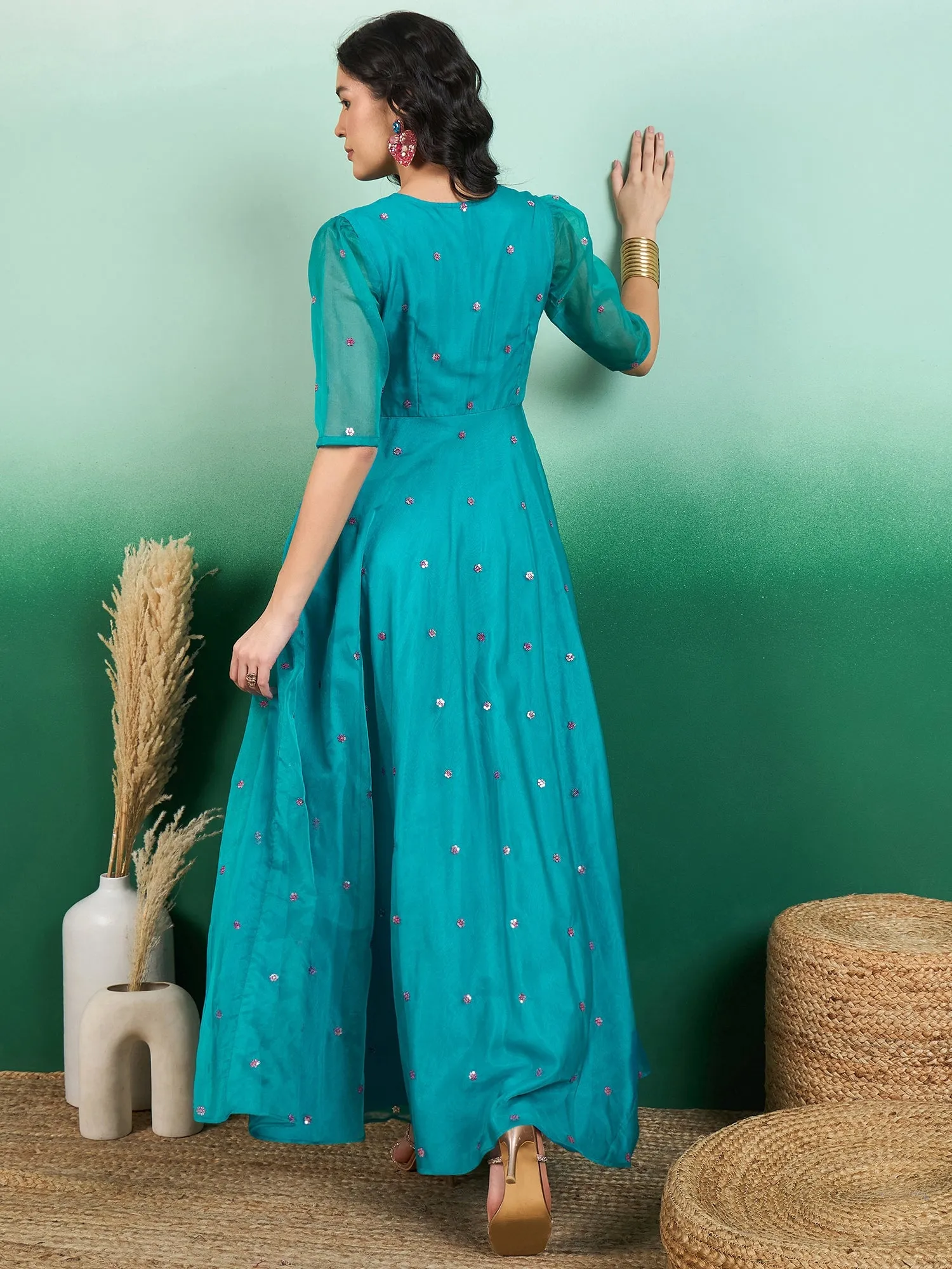 Embroidered Organza Maxi Ethnic Dresses