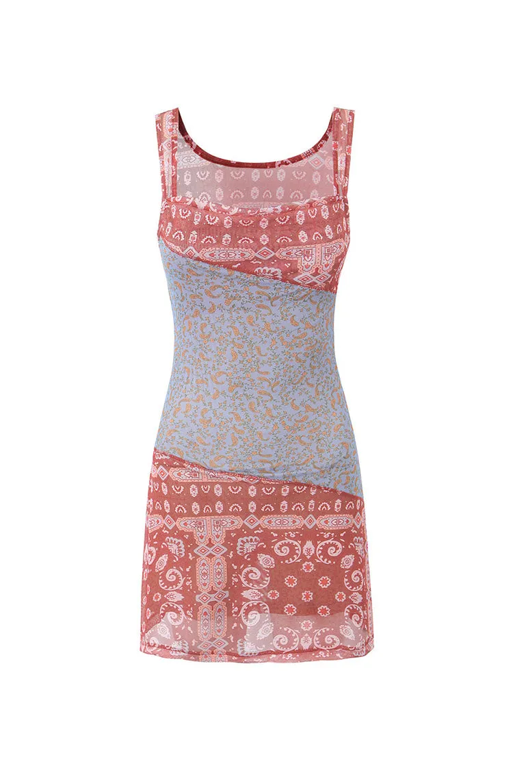 Ethnic Patchwork Cowl Neck Sleeveless Printed Mesh Bodycon Mini Sundress