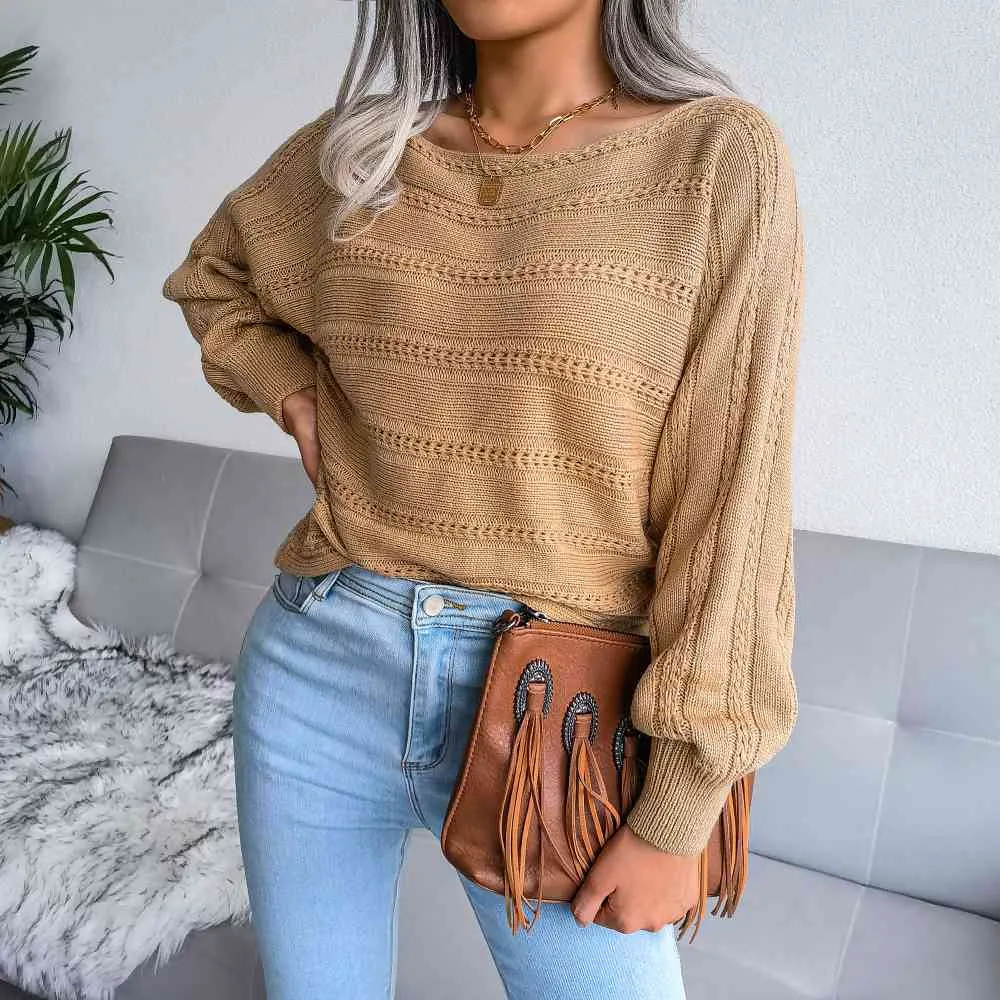 Explore More Collection - Boat Neck Dolman Sleeve Ribbed Trim Sweater