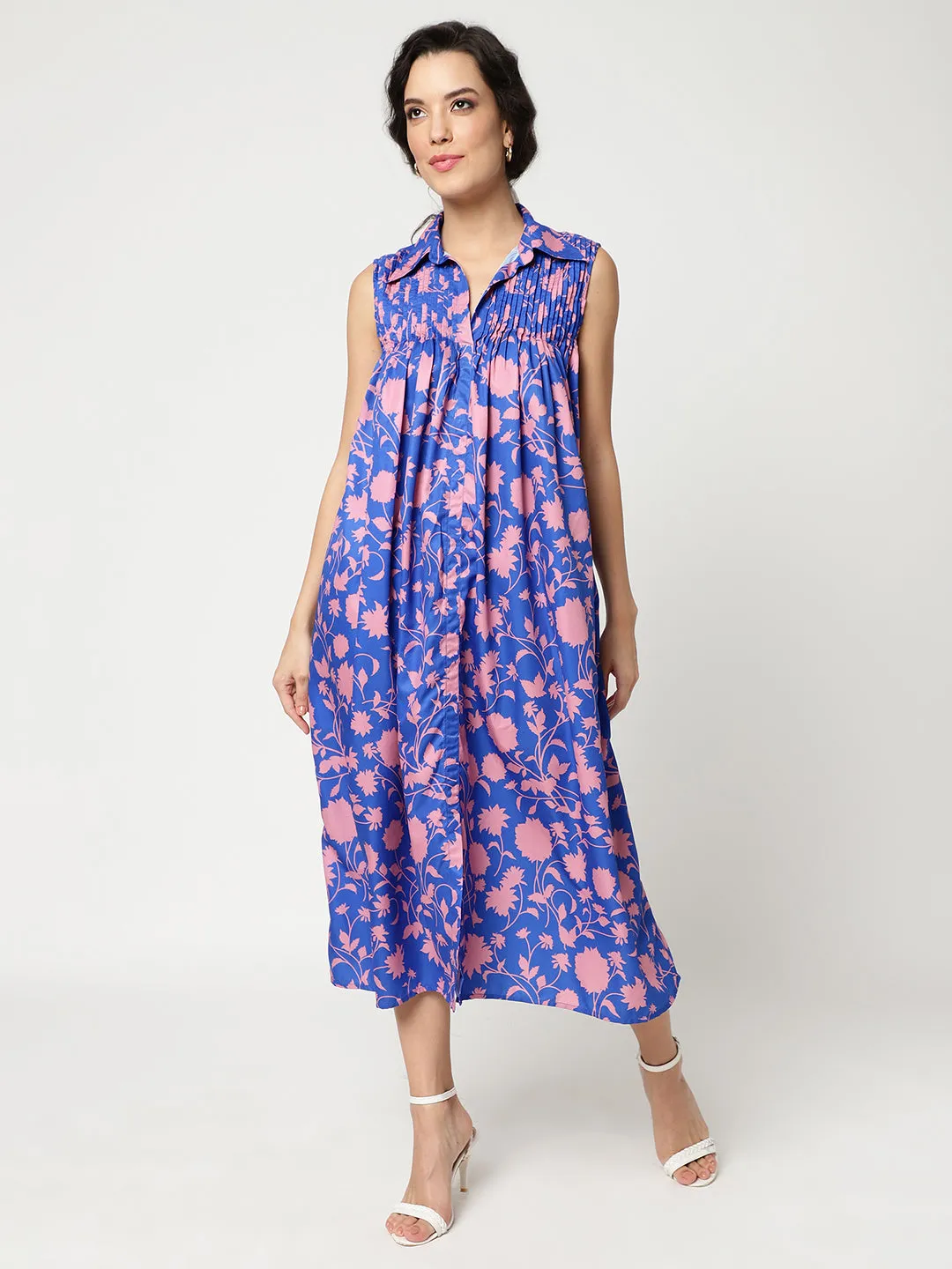 Floral Digital Printed Sleeveless Dress With Gathered Loose Fit