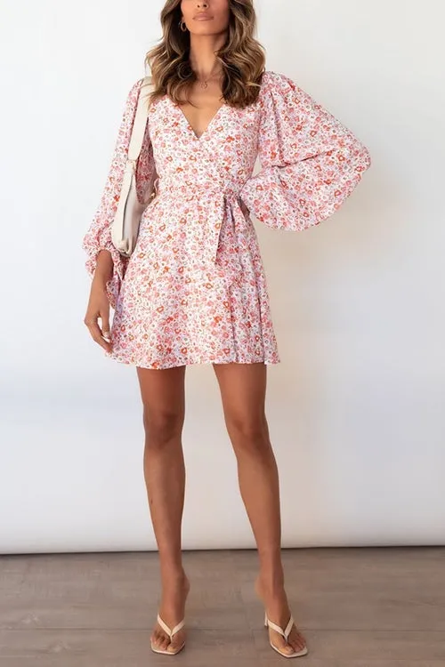 Floral Puff Long Sleeve Mini Wrap Dress