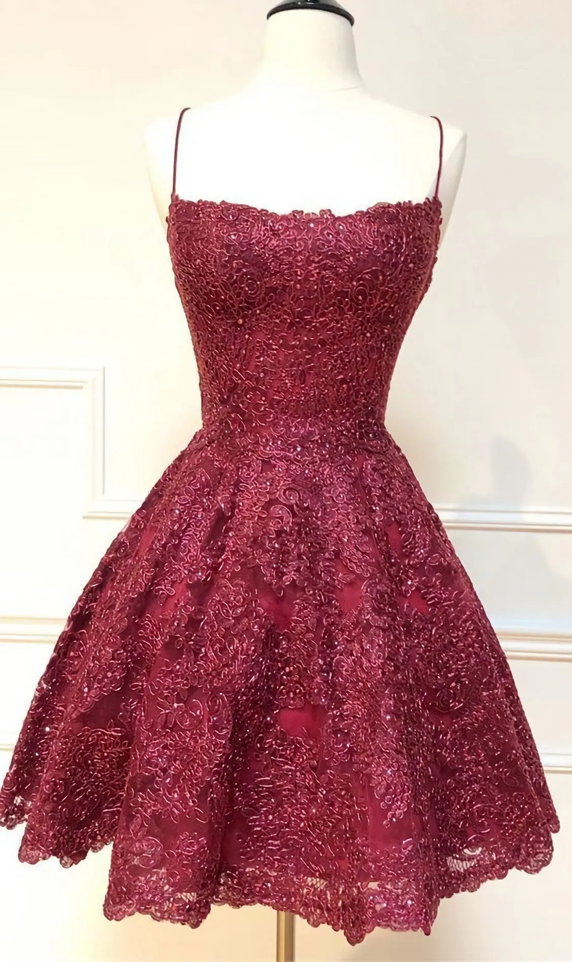 Formal Short Homecoming Dresses Spaghetti Straps Cocktail Party Dresses Burgundy Lace Homecoming Dresses 2476