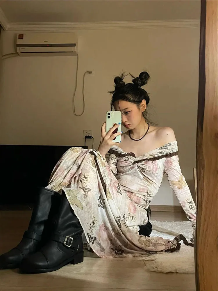 Girlary 2024 New Women French Style Vintage One Line Neck Lace Edge Dress Korean Fashion Flare Sleeve Print Irregular Hem Dresses Chic