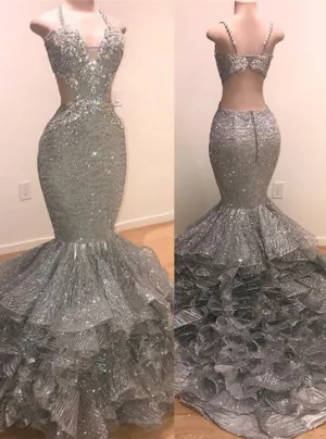 Glamorous Beads Sequins Prom Dresses | Mermaid Ruffles Evening Gowns