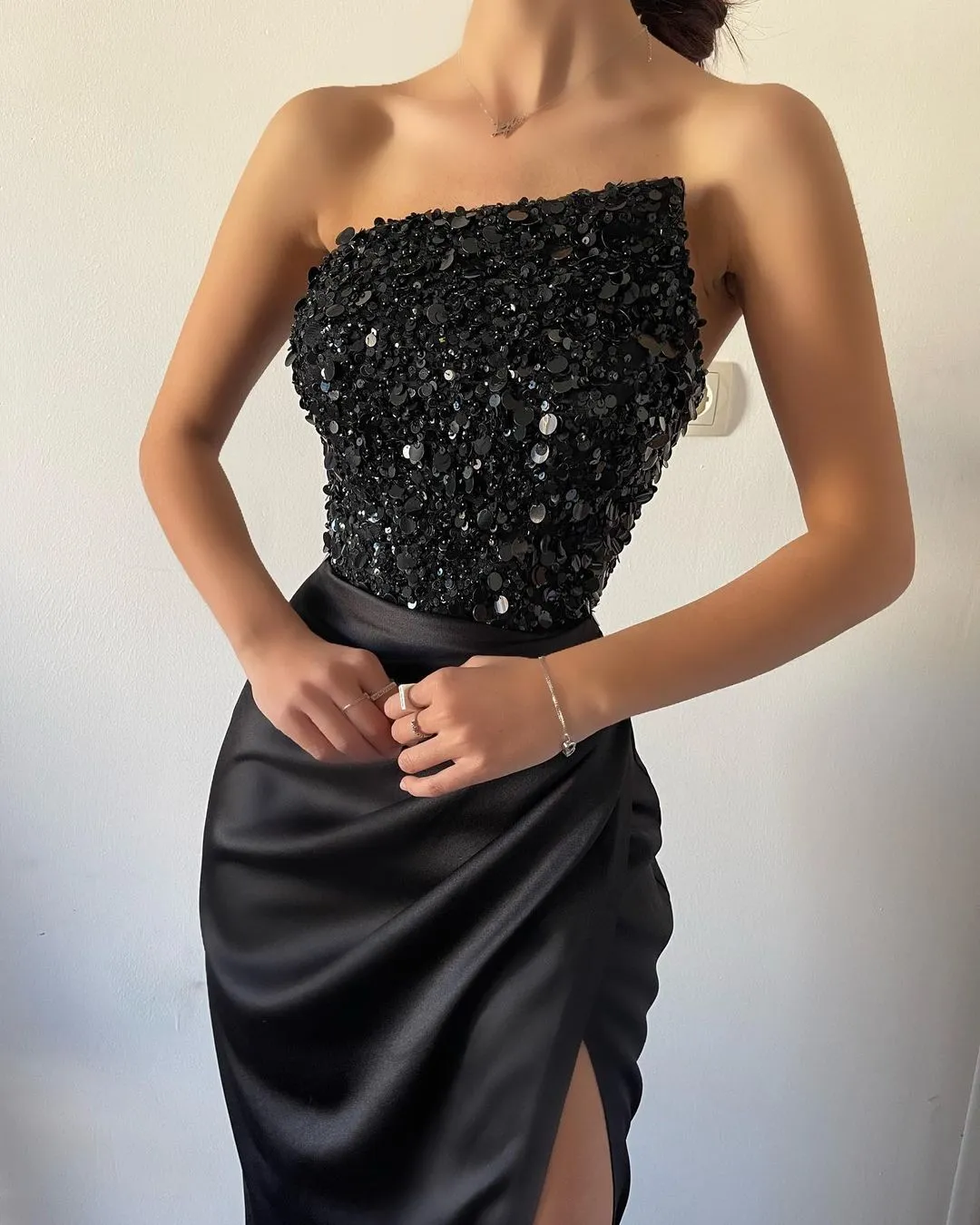 Glamorous Black Prom Dress with Sequins, Sleeveless, Strapless, and High Slit