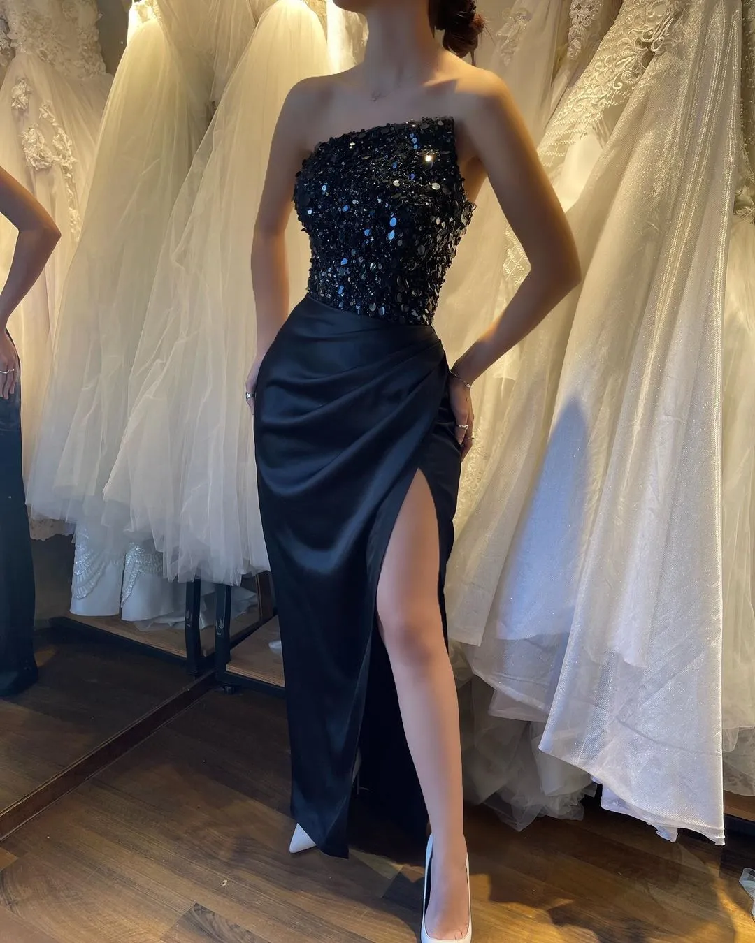 Glamorous Black Prom Dress with Sequins, Sleeveless, Strapless, and High Slit