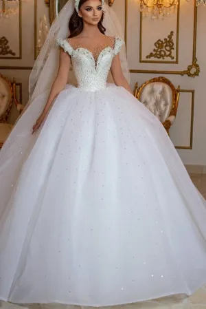 Glamorous Off-the-Shoulder Beaded Princess Wedding Dress with Pearl and Tulle