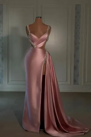 Glamorous Pink Prom Dress Sweetheart Spaghetti Strap With High Slit Trail