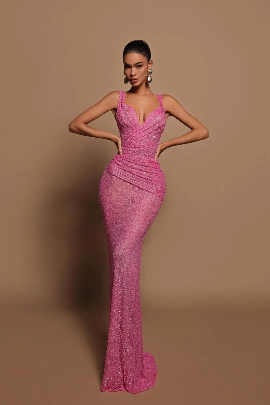 Glamorous Pink Sequin Mermaid Prom Dress with V-Neck and Sleeveless Design