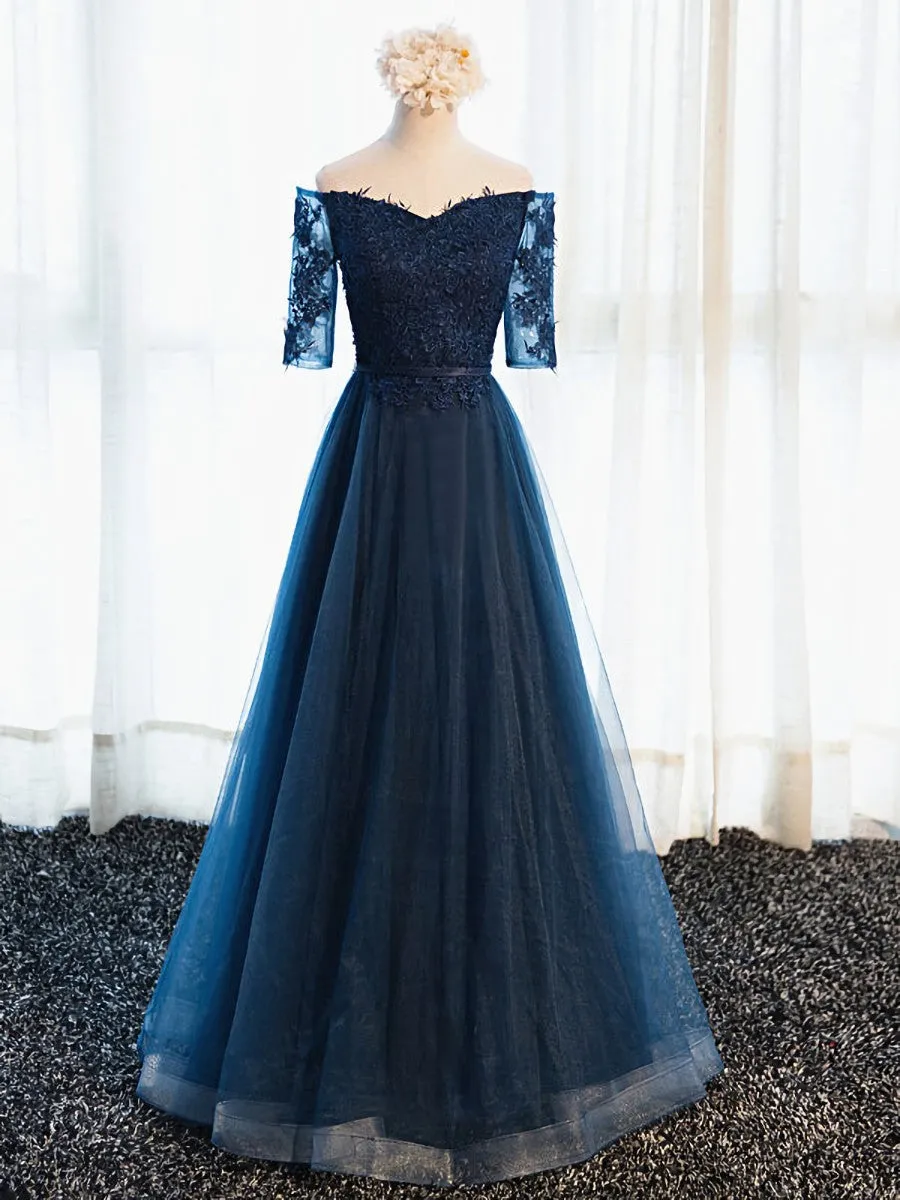 Half Sleeves Navy Blue Long Lace Prom Dresses, Navy Blue Lace Formal Bridesmaid Dresses